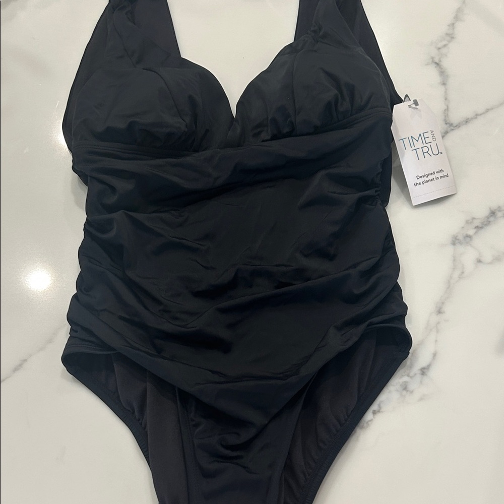 Time and Tru Black Ruched One-Piece Swimsuit